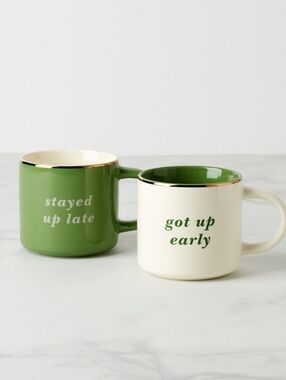 kate spade Lenox black & cream "got up early" and "stayed up late" Mug Set